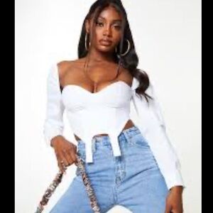 PrettyLittleThing White Woven Stirrup Detail Long Sleeve